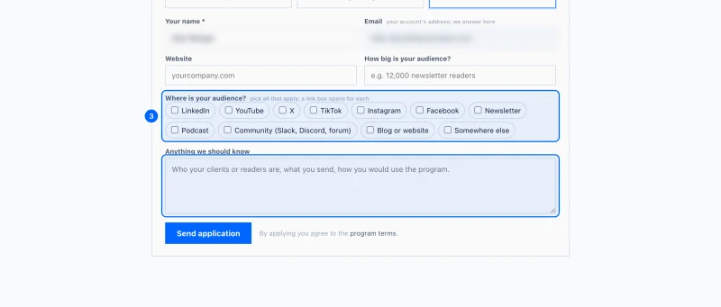 Step 3: Tell us about you. Check Your name. Agencies add the company name and how many clients they run outreach for; affiliates say how big their audience is.