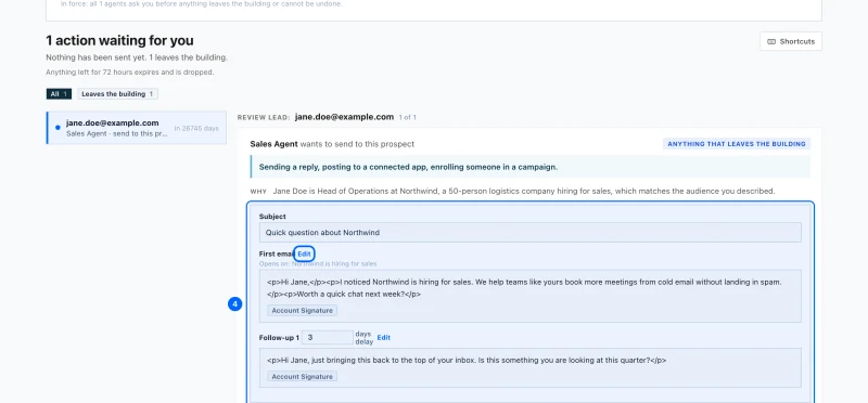 Step 4: Check what will go out. For an email, the Subject and each step are shown as they will be sent, with the wait before each follow-up.