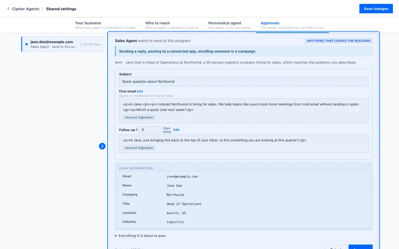 Step 2: Open the queue. The queue is the Approvals tab of Shared settings. What may run without you at the top is the rule for every agent; Always ask me first is the safe setting.