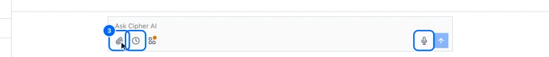 Step 3: Attach a file, speak, or make it recurring. The paper clip attaches a file, such as a CSV of leads, for Cipher AI to read.