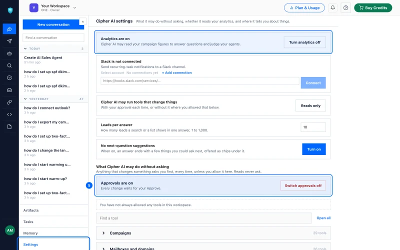 Step 5: Control what it may do. Click Settings at the bottom of the left panel.