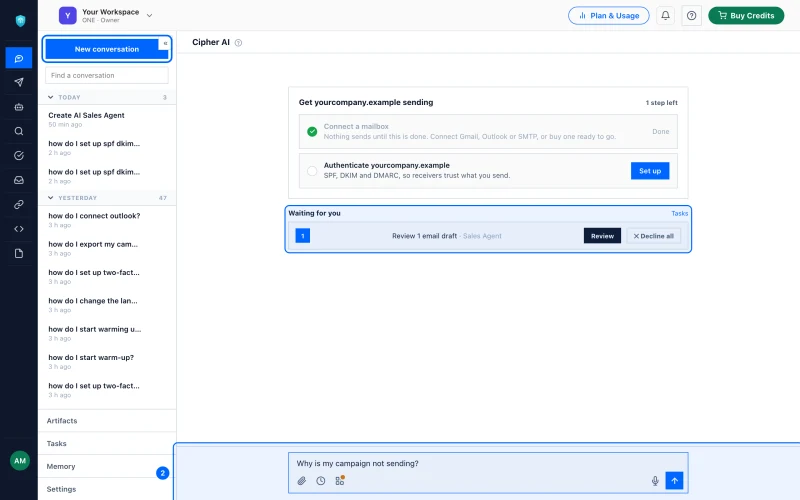 Step 2: Type what you want to know. Type in the box at the bottom, for example "Why is my campaign not sending?" or "How did last week go?", and press Enter.