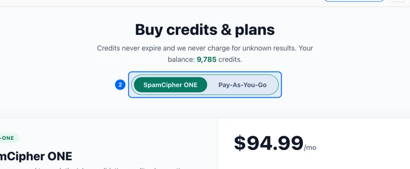 Step 2: Pick SpamCipher ONE or Pay-As-You-Go. At the top, choose SpamCipher ONE for the monthly plan or Pay-As-You-Go for one-time packs.