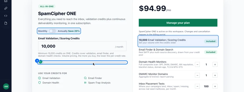 Step 3: Set your monthly credits on ONE. Drag the slider to the number of credits you want each month. The price updates as you go, and bigger amounts cost less per credit.