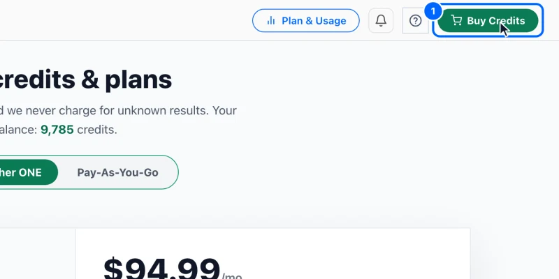 Step 1: Open Buy Credits. Click Buy Credits at the top right of any page.
