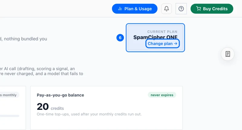 Step 6: Find your invoices and change the card. Open Plan & Usage at the top right. Current plan shows what you are on, and Change plan takes you back to the pricing page.