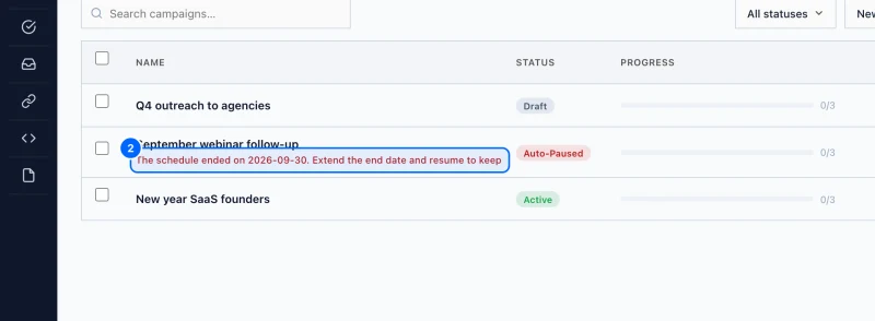 Step 2: Read the reason in the list. A campaign SpamCipher paused shows auto-paused in the Status column.
