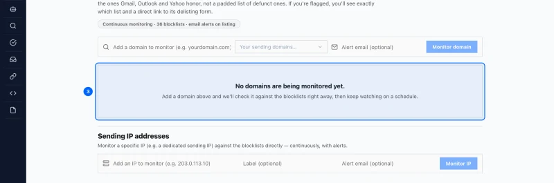 Step 3: Read the result. Each monitored domain is listed with its state: clear, or listed with the name of each list it is on.