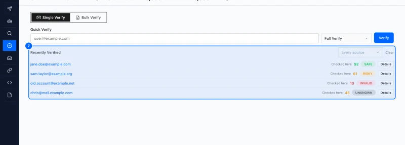 Step 7: Find your past checks. Checks made in your workspace are listed under Recently Verified, newest first.