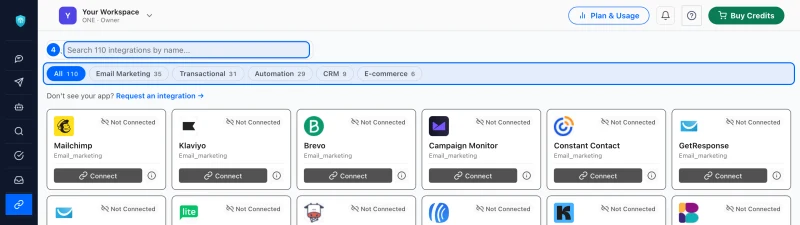 Step 4: Find a tool that is not listed. Click Add Integration in the left menu, or add an integration on the connected page. Search by name, or filter by category.