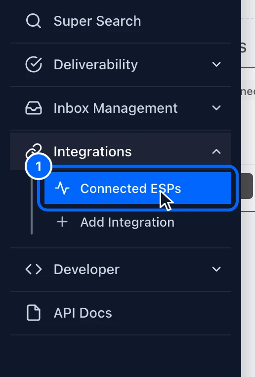 Step 1: Open Integrations. In the left menu, point to the link icon to open Integrations.
