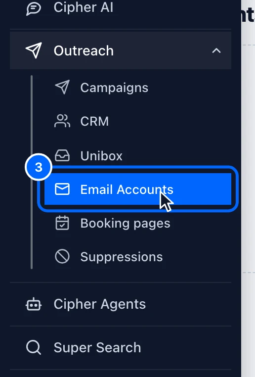 Step 3: Open Email Accounts. In the left menu, point to the paper plane icon to open Outreach.