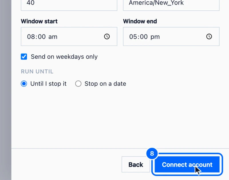 Step 8: Connect the account. Click Connect account at the bottom of the panel.