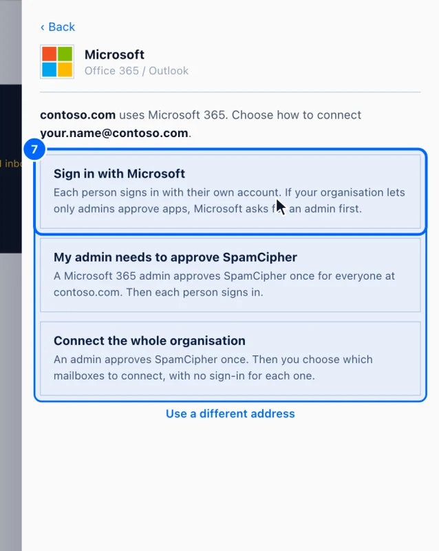 Step 7: Choose how to connect. For a work address, the panel shows the ways your organisation can connect.