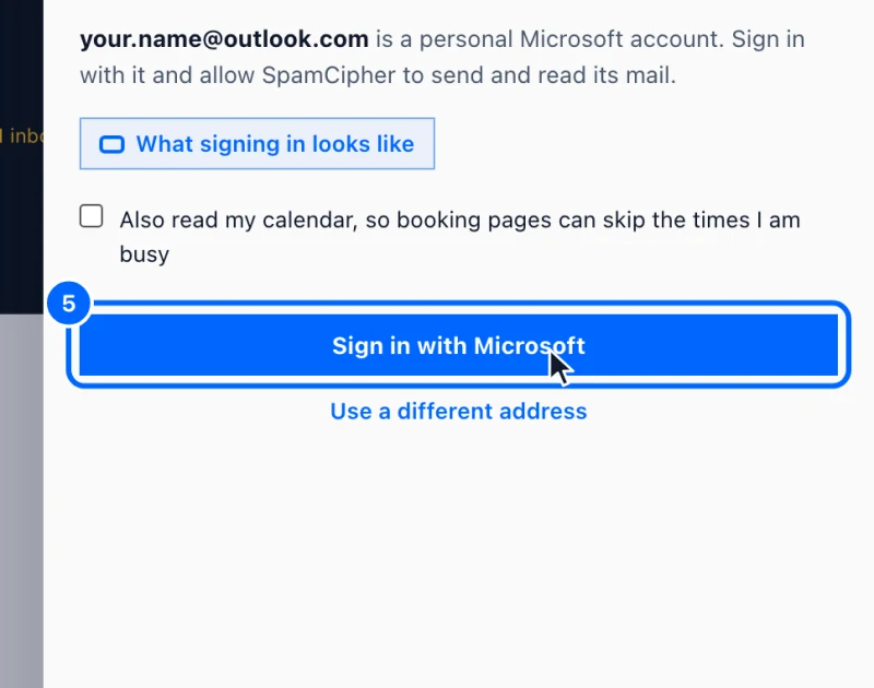 Step 5: Sign in with Microsoft. The panel says your address is a personal Microsoft account.