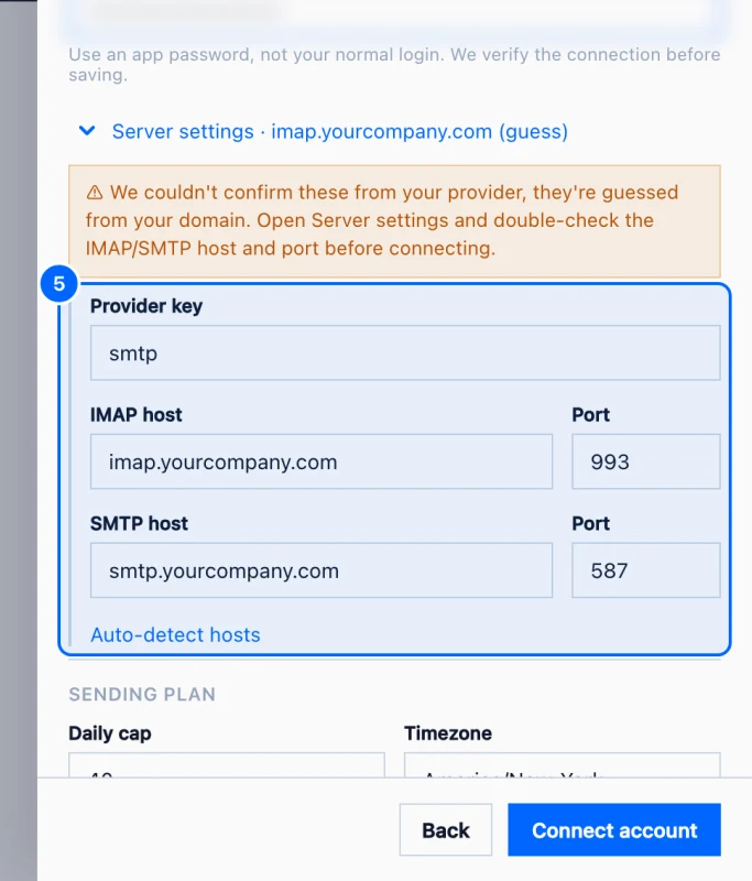 Step 5: Check the server settings. SpamCipher fills in the server settings from your address. If it could not confirm them, it opens Server settings and asks you to check.