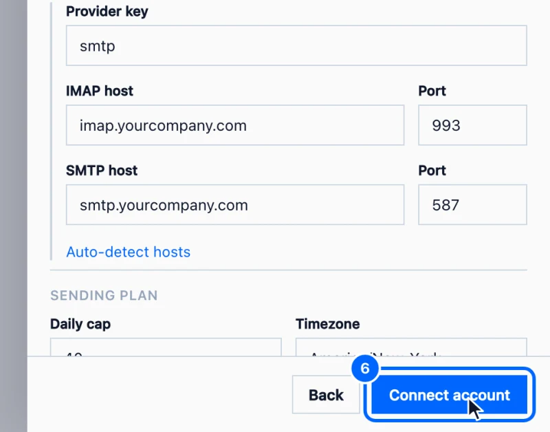 Step 6: Connect the account. Click Connect account at the bottom of the panel.