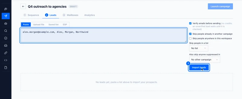 Step 7: Import your leads. Click the Leads tab.