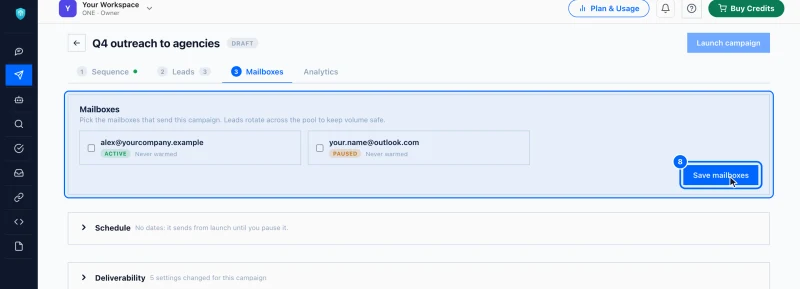 Step 8: Choose the mailboxes that send. Click the Mailboxes tab.