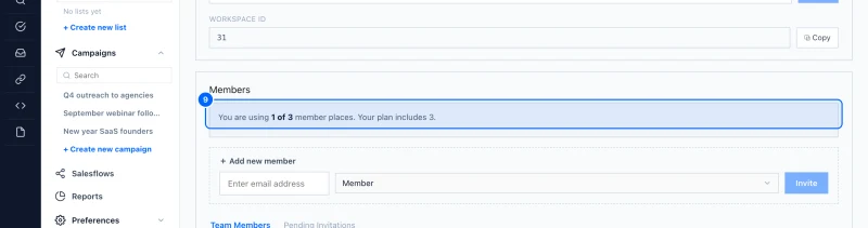Step 9: See who has joined. Team Members lists everyone in the workspace with their role. The person who created it is the Owner.