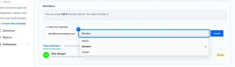 Step 7: Choose a role. Click the role box next to the address and choose Admin, Member or Viewer.
