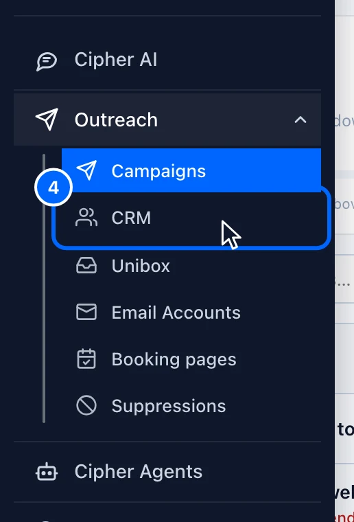 Step 4: Open the CRM. In the left menu, point to the paper plane icon to open Outreach.