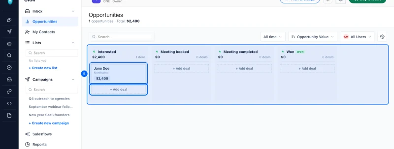 Step 5: Move people through the pipeline. Opportunities is a board, one column per status, with the value of each column at the top.