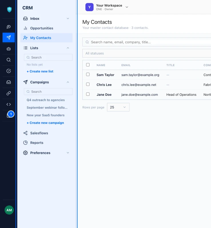 Step 1: Open the CRM. In the left menu, point to the paper plane icon to open Outreach, then click CRM.