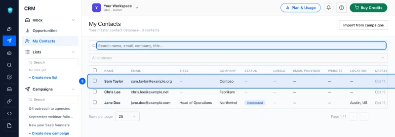 Step 3: Find and read a contact. Search by name, email, company or title, or filter by status.