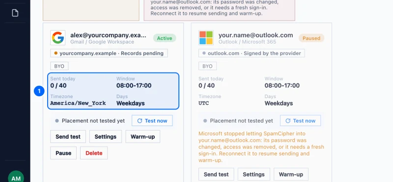 Step 1: See a mailbox's cap and window. In the left menu, point to the paper plane icon to open Outreach, then click Email Accounts.
