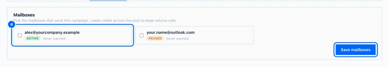 Step 4: Pick the pool. Tick each mailbox that should send this campaign, then click Save mailboxes.