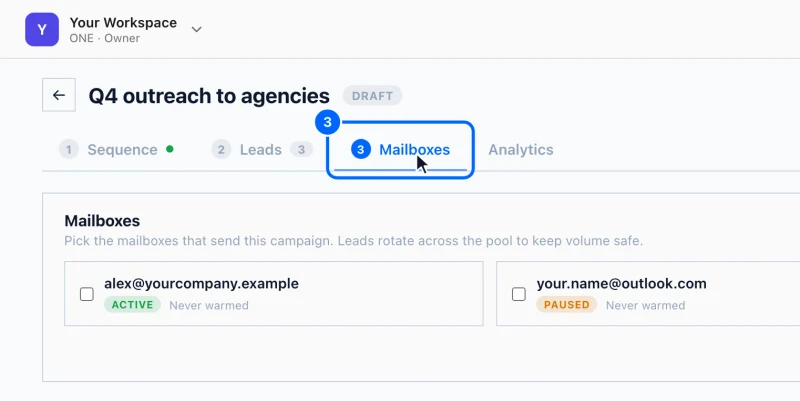 Step 3: Open the campaign's Mailboxes tab. Open the campaign under Campaigns and click the Mailboxes tab.