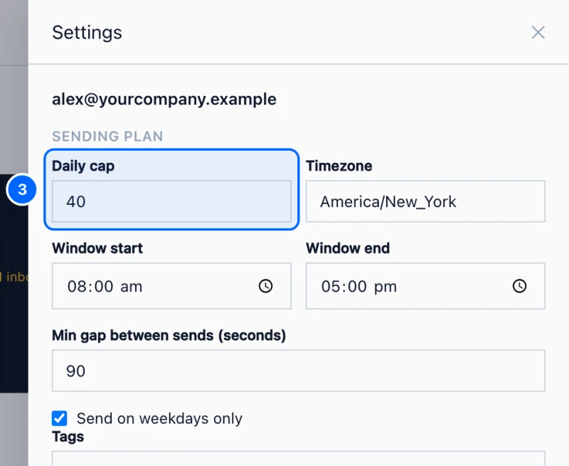 Step 3: 3. Is it sending too much?. Click Settings on the card. A Daily cap above 50 on a mailbox younger than two months is the most common cause of a sudden drop.