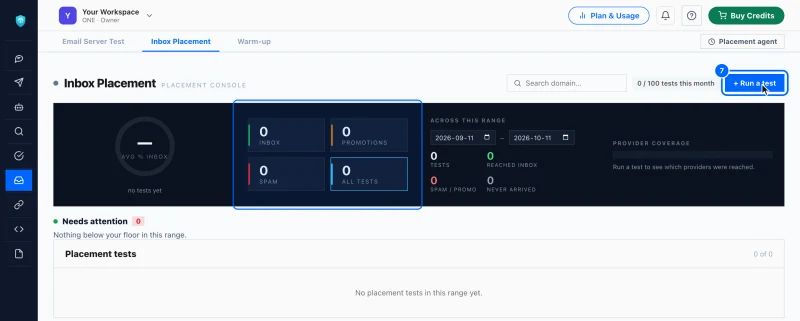 Step 7: 7. Where does it land right now?. Open Inbox Placement and run a test from the mailbox. It sends to real seed inboxes at Gmail, Outlook and the rest and reports inbox, promotions or spam for each.