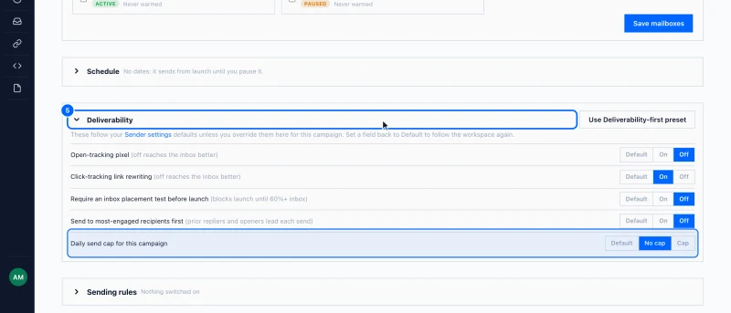 Step 5: 5. Is the email plain?. Open the campaign's Mailboxes tab and the Deliverability fold. Turn Open-tracking pixel and Click-tracking link rewriting off: both add things spam filters look for.