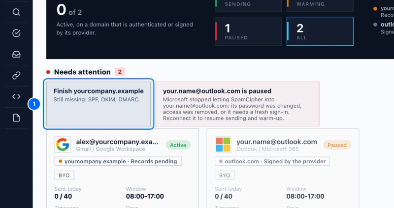Step 1: 1. Are SPF, DKIM and DMARC set up?. Open Email Accounts. A domain under Needs attention with records missing fails the first check every mail provider makes.
