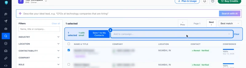 Step 6: Pick people and add them to a campaign. Tick the box at the start of each row you want. A bar appears above the list with what you selected.