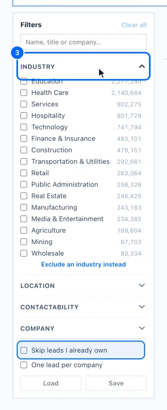 Step 3: Or build the search from the filters. On the left, open a group such as Industry, Location, Company or Role and tick what you want.