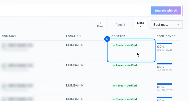 Step 5: Reveal an address. Click Reveal on a row to see that person's email address. The button shows what the reveal costs before you click.