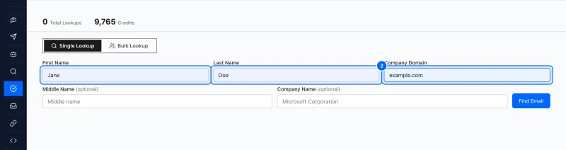 Step 2: Enter the name and the company domain. Type the person's First Name and Last Name.