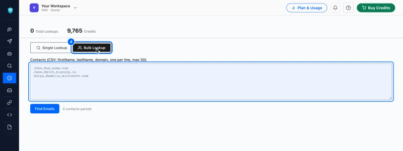 Step 4: Switch to Bulk Lookup. Click Bulk Lookup.