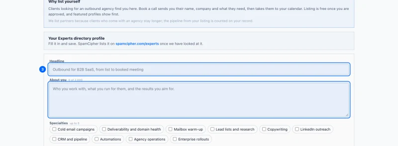 Step 3: Say who you are. Headline: one line on what you do, up to 120 characters.