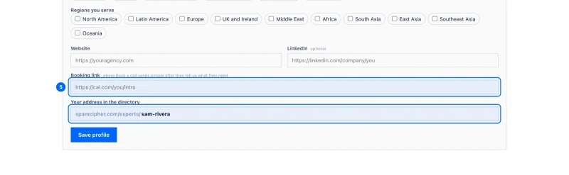 Step 5: Your booking link and your address. Booking link: where Book a call sends people after they tell us what they need. It starts with https://.