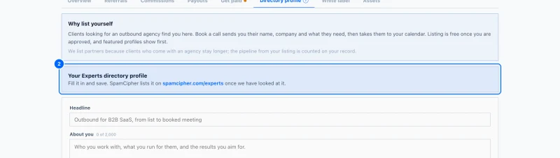 Step 2: Check where your profile stands. Before you save, it says Your Experts directory profile.