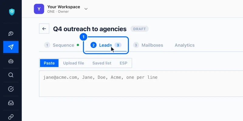 Step 1: Open the campaign's Leads tab. In the left menu, point to the paper plane icon to open Outreach, click Campaigns, then click the campaign.