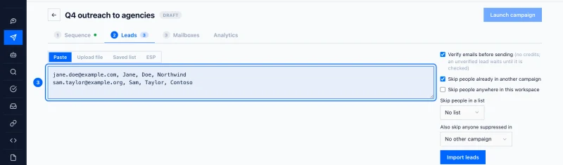 Step 3: Paste the addresses. Paste one person per line. An address on its own works; add the first name, last name and company after it, separated by commas, to fill the personalization fields.