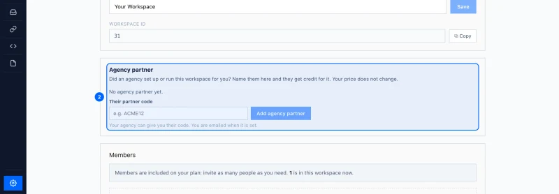 Step 2: Find the Agency partner card. Under the workspace name, the Agency partner card shows who your agency partner is, or No agency partner yet.