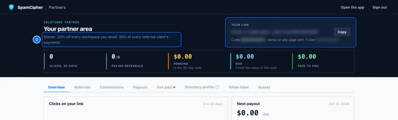 Step 2: Your link, your code and what you earn. Under Your partner area, the line in grey says what you earn. An agency sees its tier, an affiliate its rate.