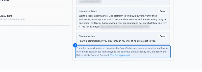 Step 4: Follow the rules. For an agency, the line under the files sums up the Solutions Partner Agreement: make no promises for SpamCipher, offer no discount in our name beyond the one your clients already get, and follow the Deliverability Code of Conduct. Click The full agreement to read it.