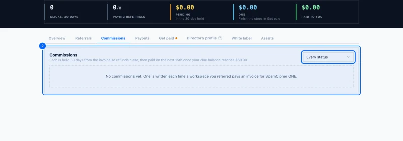 Step 2: Read and filter the list. Each row shows the invoice date, the workspace, the amount the commission is on (Base), your rate, the commission, its status and when it is paid.